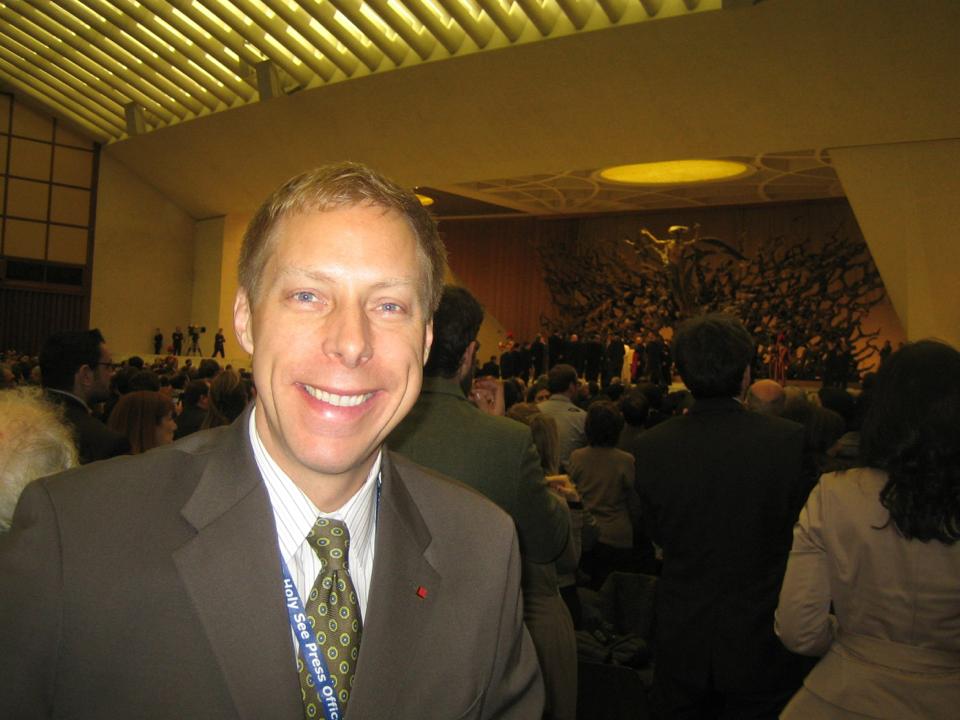 In Paul VI Hall during the audience for journalists with Pope Francis on March 16